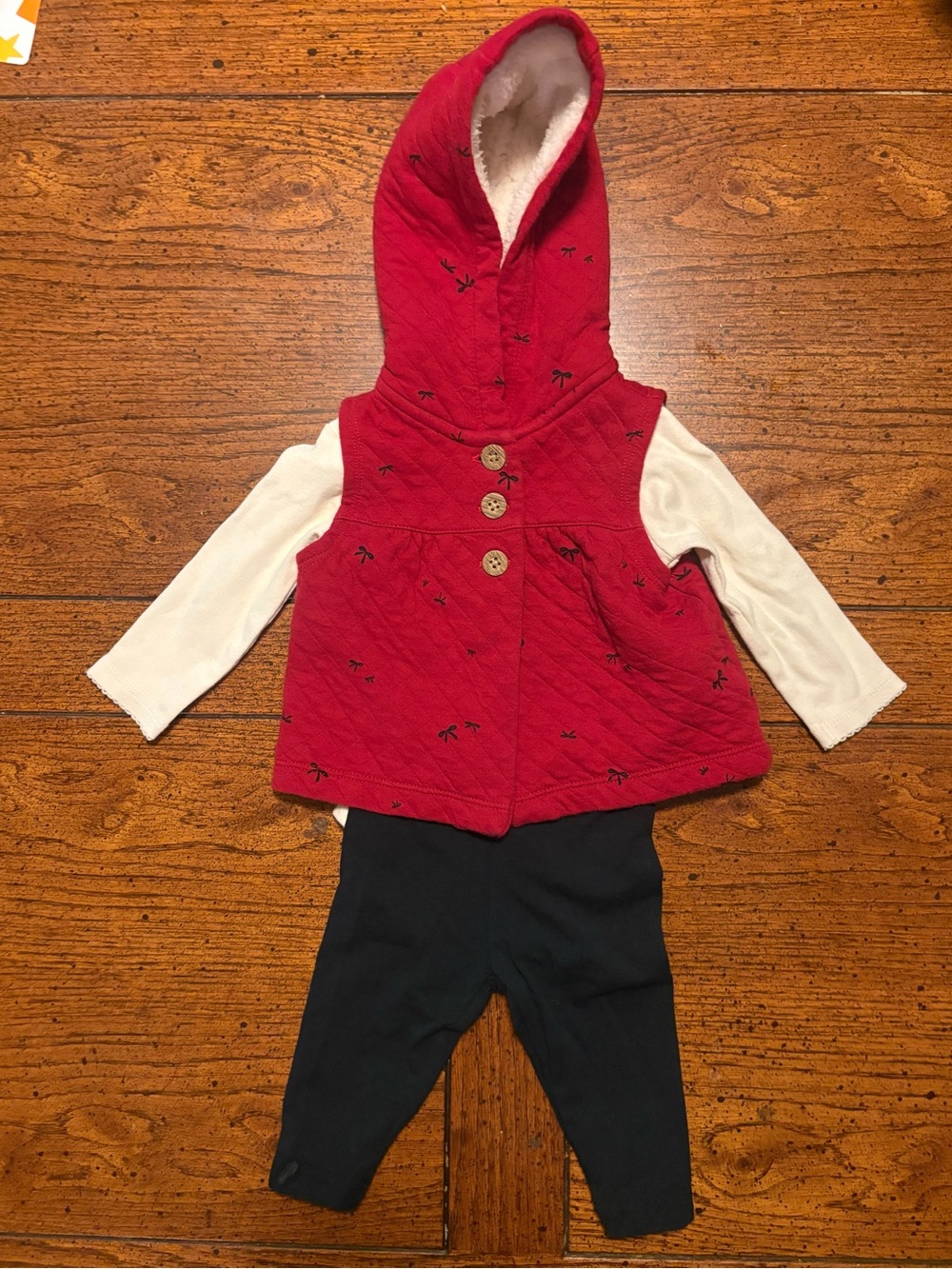 Carter's 3-Piece Set- Red Hooded Vest with Black Bows, Cream Onesie, Black Pant